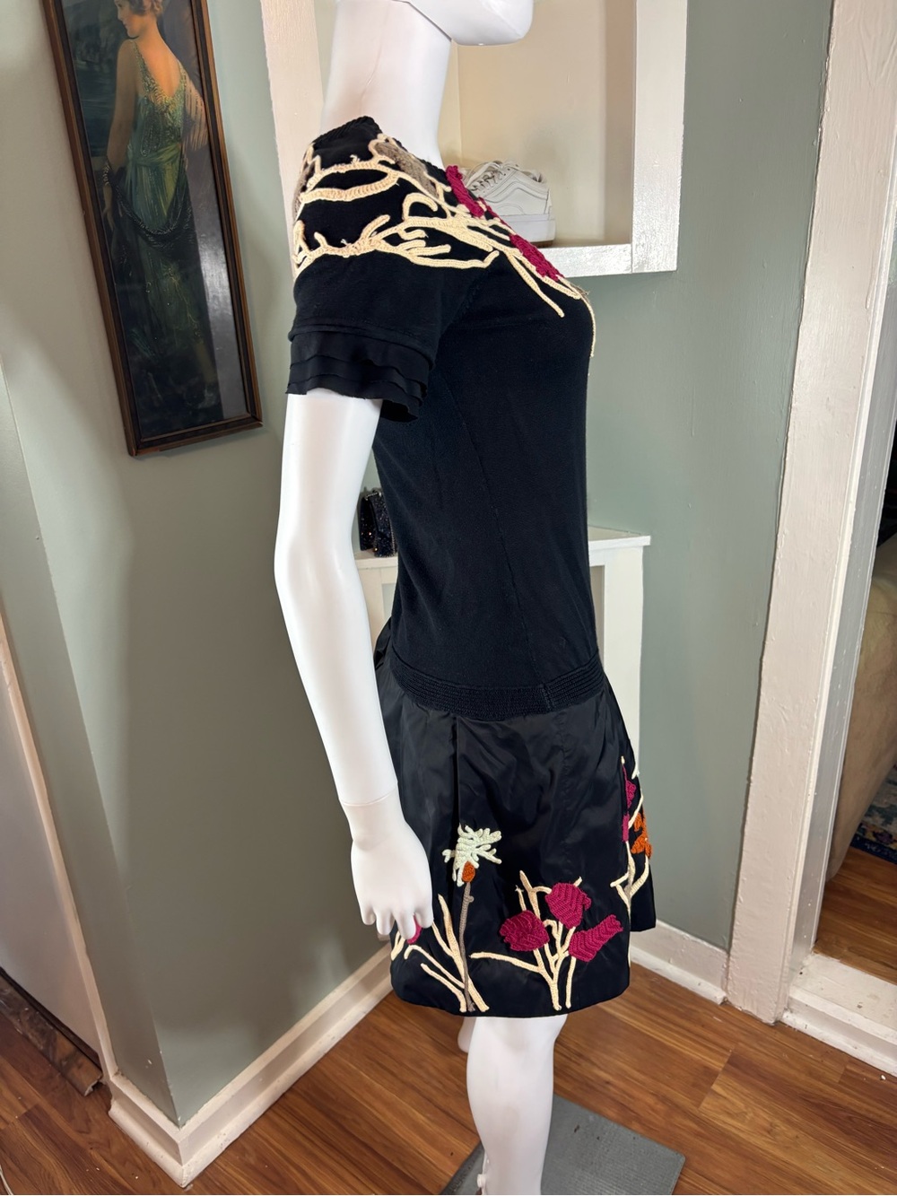 VTG Y2K Kenzo Silk Taffeta Sweater Black Mini Dress Floral Embroidered Appliqué - Picture 5 of 16